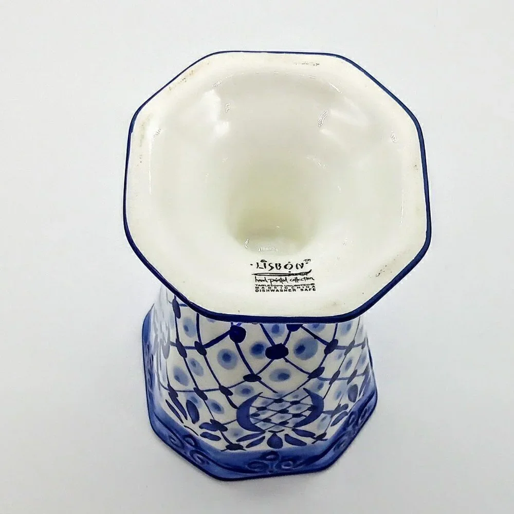 Tabletops Unlimited Hand-Painted Lisbon Blue White Ceramic Footed Vase